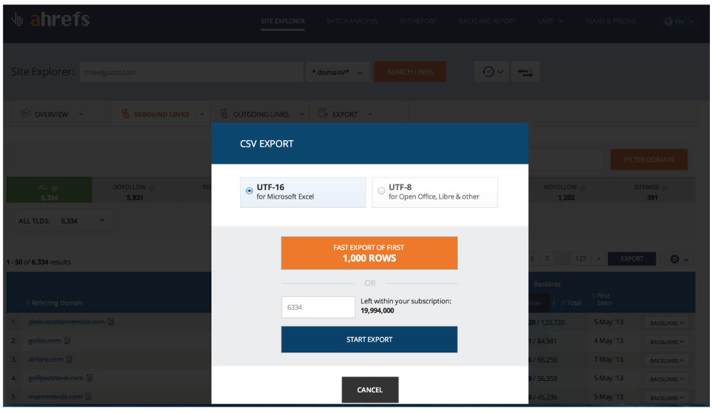 choose file format for the referring domains link reports 